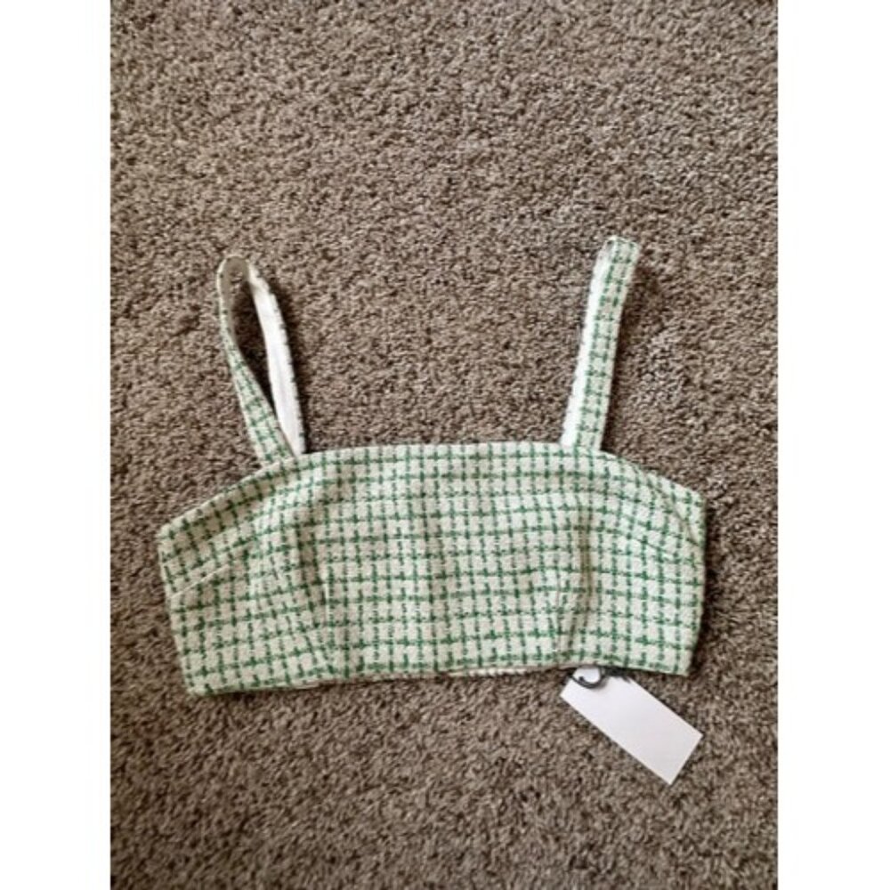 WAYF Womens Green/White Squared Smocked Back Zipper Cropped Tank Size Medium